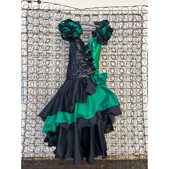 Vintage 80s Alyce Designs Green Black Sequin Ruffle Prom Ball Gown Mardi Gras XS - Picture 1 of 8